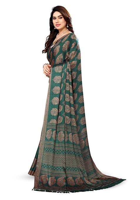 Green Ethnic Motifs Printed Pure Chiffon Saree Set