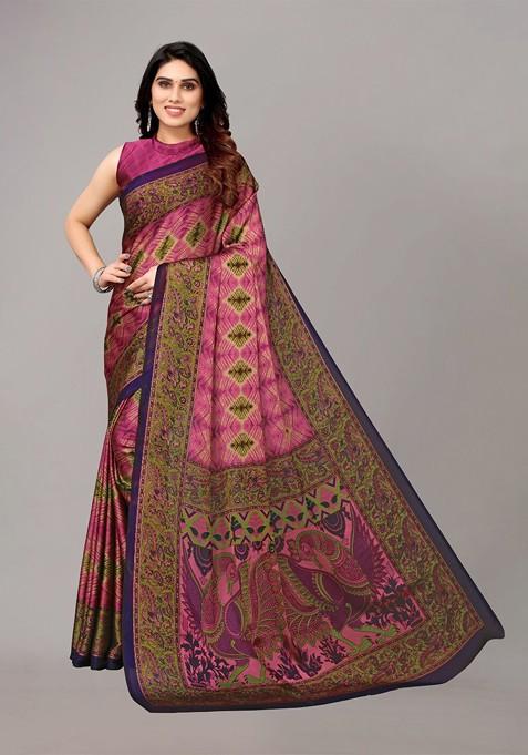 Pink Geometric Print Poly Chiffon Saree Set