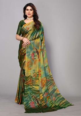 Green Floral Print Poly Chiffon Saree Set