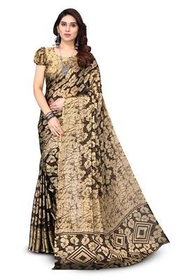 Coffee Brown Floral Print Poly Chiffon Saree Set
