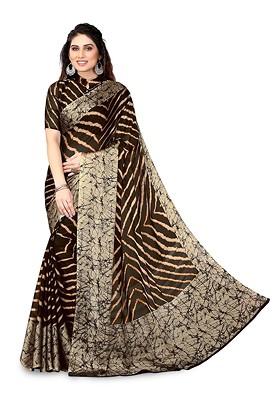 Brown Abstract Print Poly Chiffon Saree Set