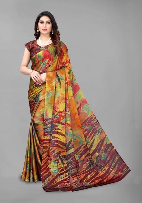 Mustard Abstract Print Poly Chiffon Saree Set