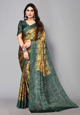 Green Abstract Print Poly Chiffon Saree Set
