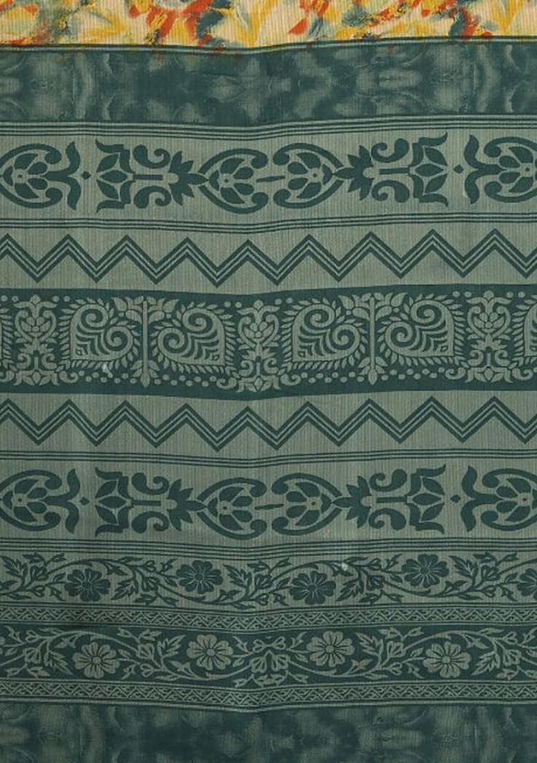 Green Abstract Print Poly Chiffon Saree Set - Indya