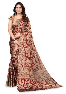 Maroon Floral Print Poly Chiffon Saree Set