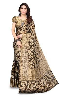 Brown Floral Print Poly Chiffon Saree Set