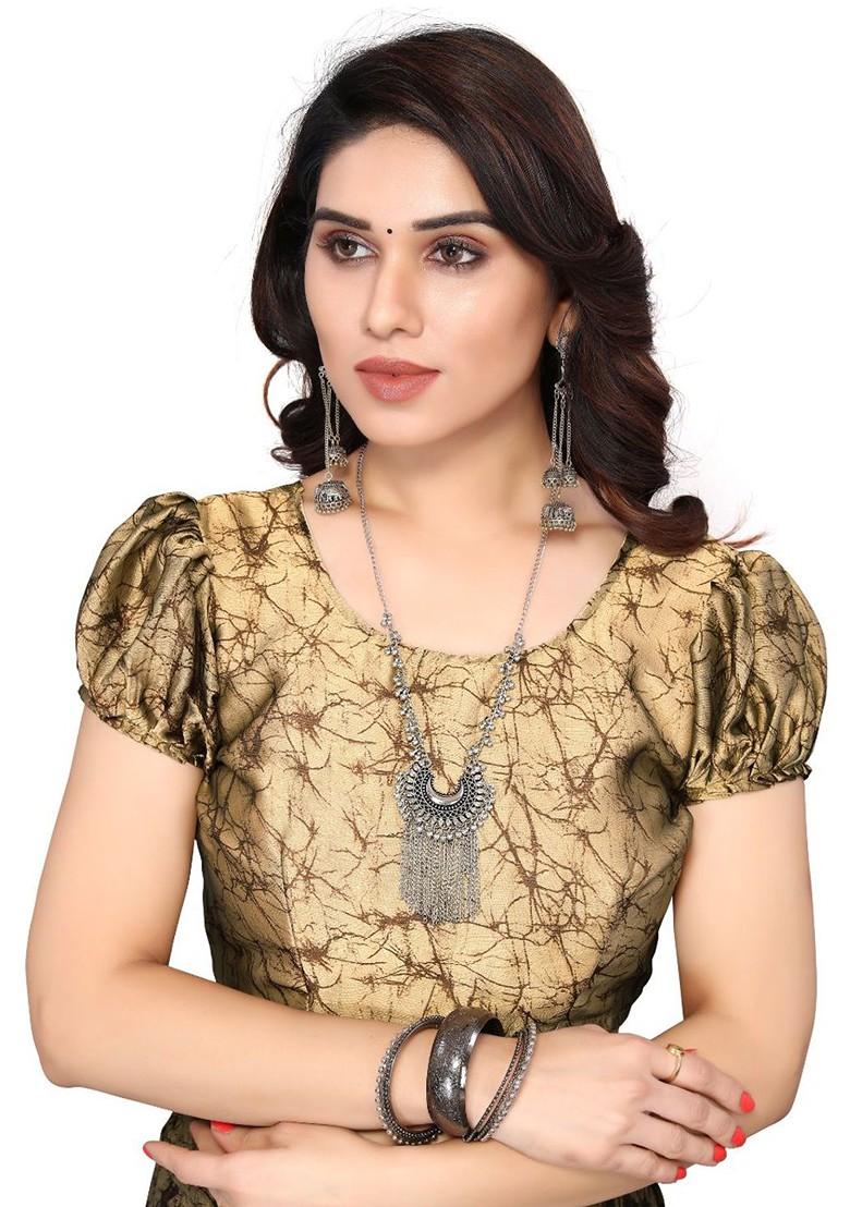 Brown Floral Print Poly Chiffon Saree Set - Indya