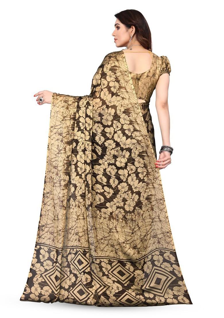 Brown Floral Print Poly Chiffon Saree Set - Indya