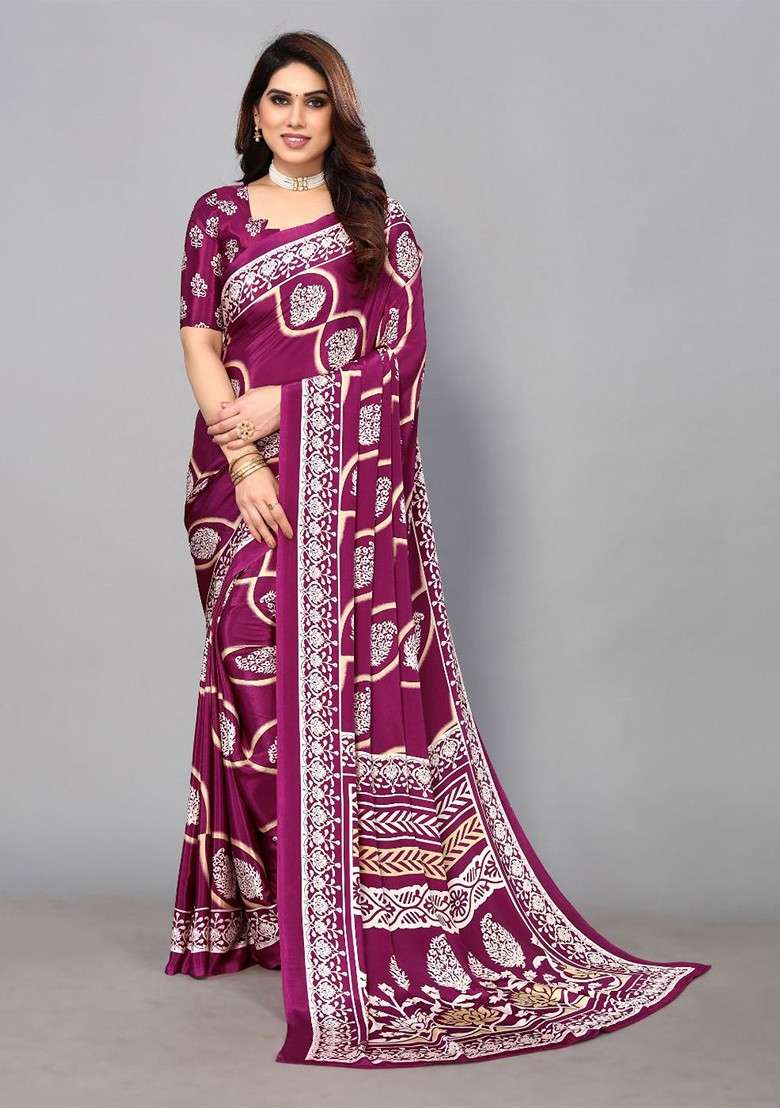 Purple Floral Print Saree Set - Indya