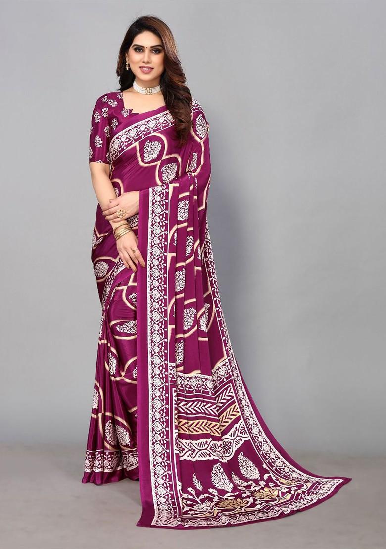 Purple Floral Print Saree Set