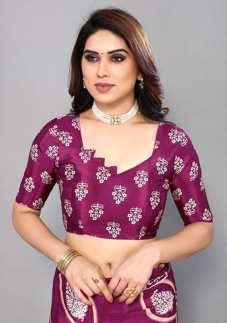 Purple Floral Print Saree Set - Indya