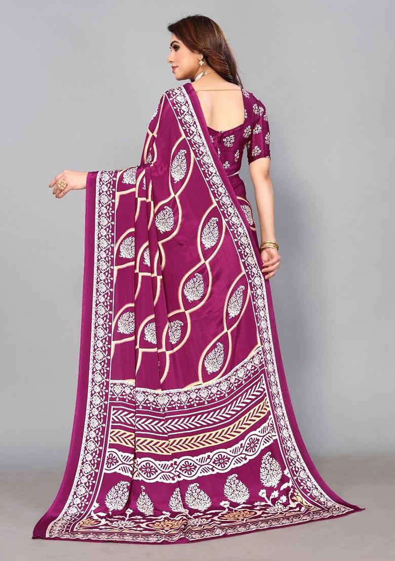 Purple Floral Print Saree Set