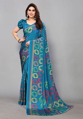 Blue Geometric Print Pure Crepe Saree Set