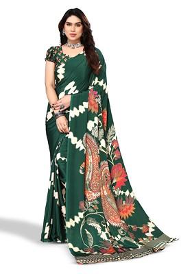 Green Ethnic Motifs Printed Pure Crepe Saree Set