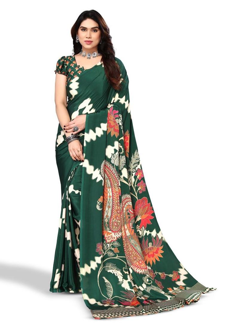 Green Ethnic Motifs Printed Pure Crepe Saree Set