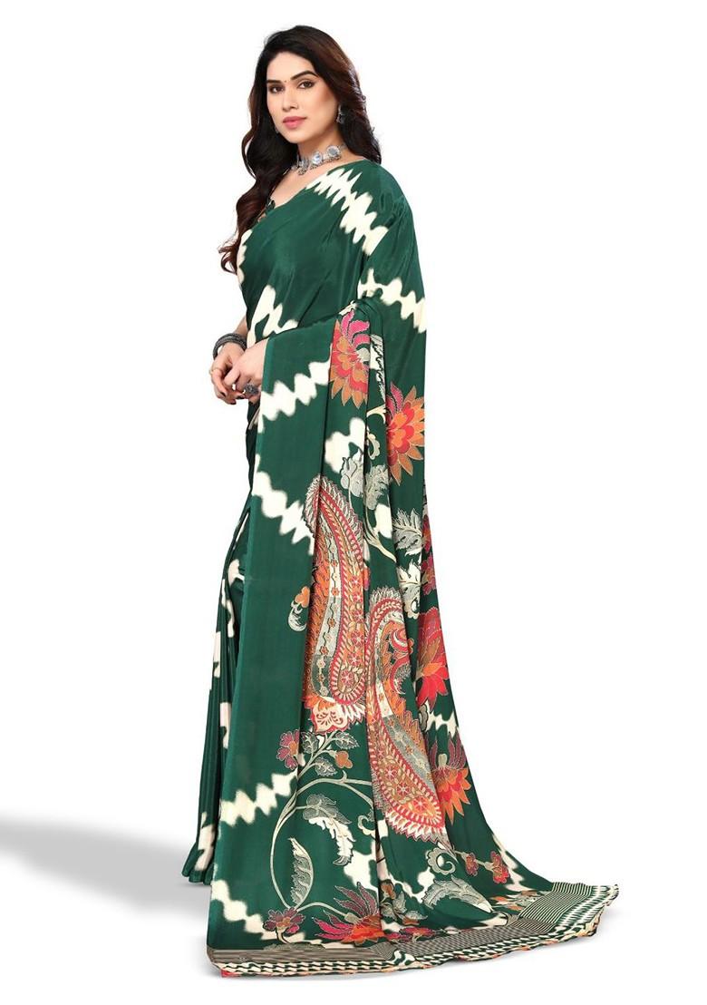 Green Ethnic Motifs Printed Pure Crepe Saree Set