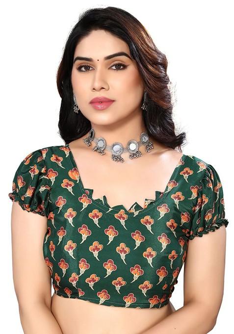 Green Ethnic Motifs Printed Pure Crepe Saree Set