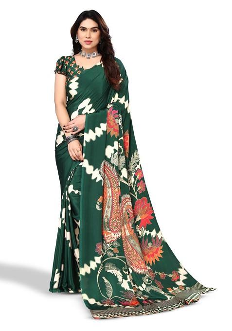 Green Ethnic Motifs Printed Pure Crepe Saree Set