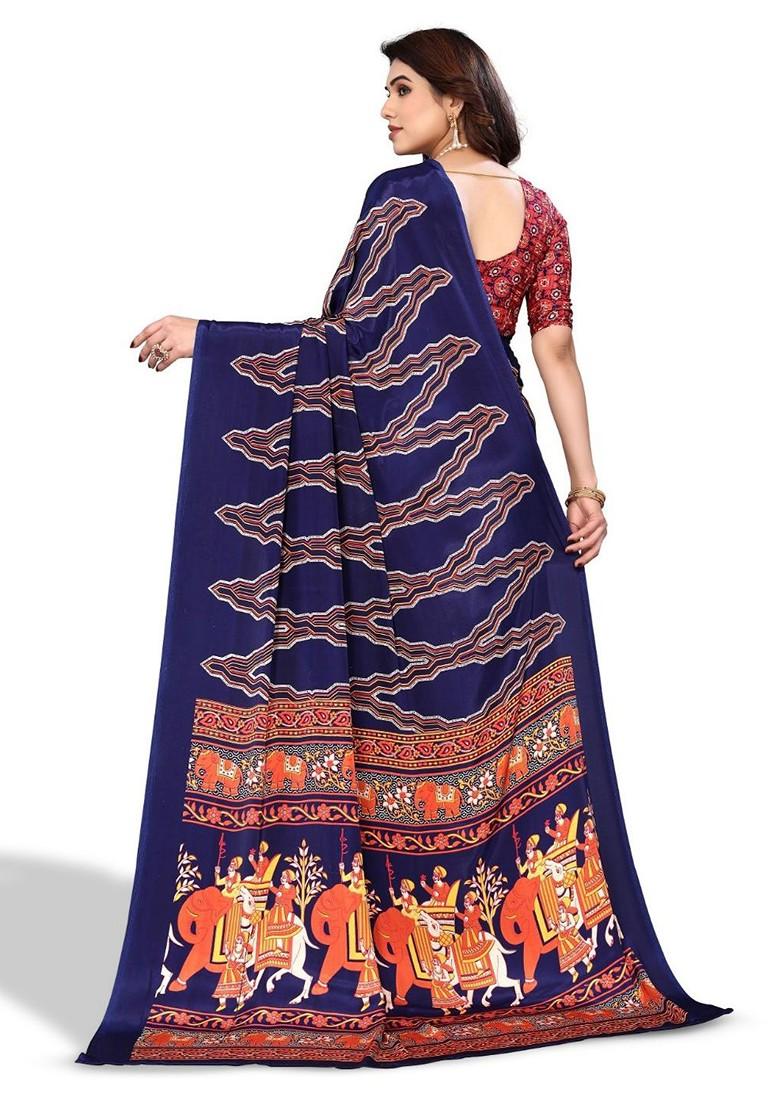 Blue Ethnic Motifs Printed Pure Crepe Saree Set