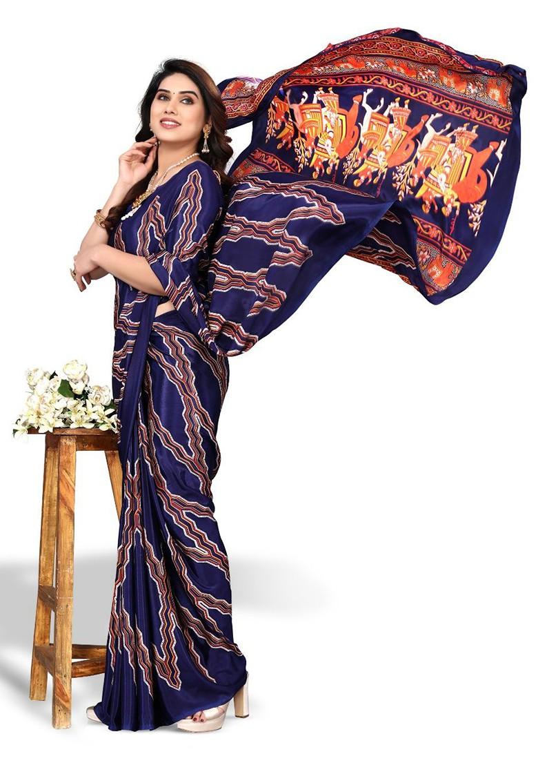 Blue Ethnic Motifs Printed Pure Crepe Saree Set