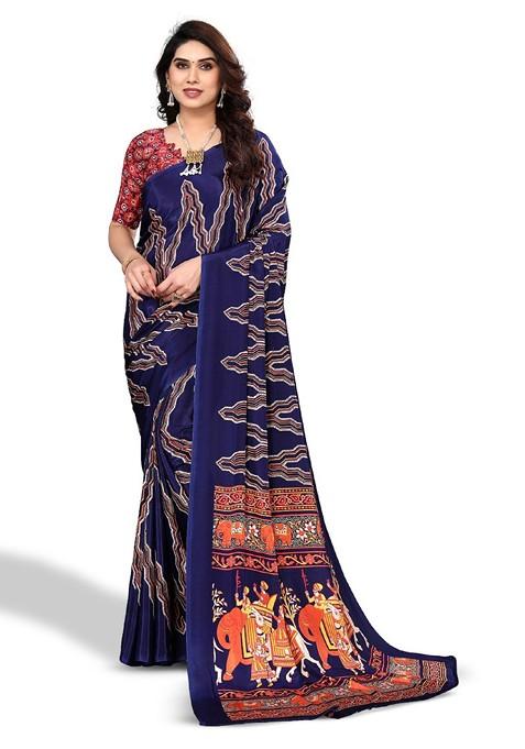 Blue Ethnic Motifs Printed Pure Crepe Saree Set