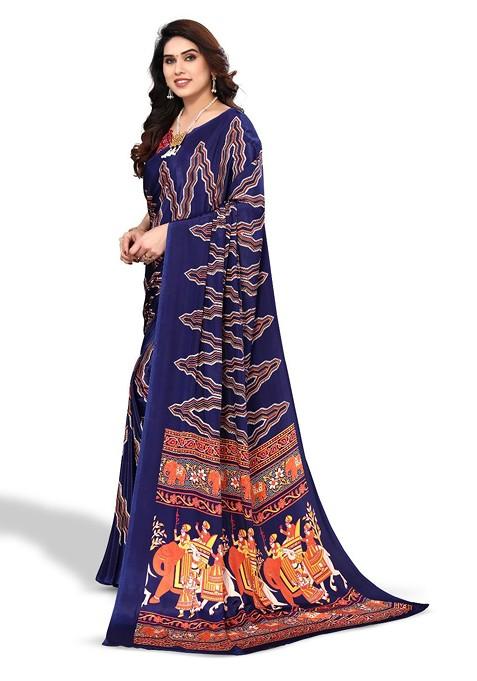 Blue Ethnic Motifs Printed Pure Crepe Saree Set