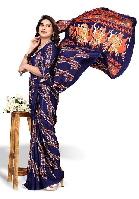 Blue Ethnic Motifs Printed Pure Crepe Saree Set
