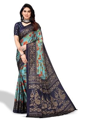 Blue Floral Print Poly Chiffon Saree Set