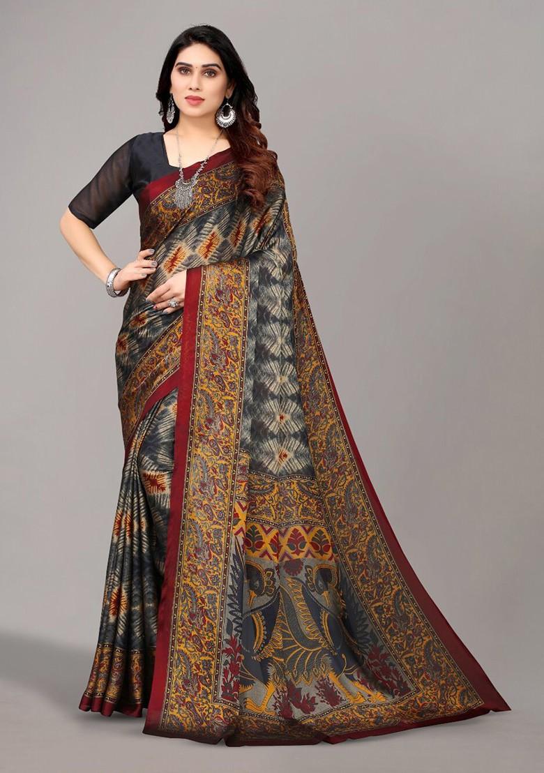 Grey Ethnic Motifs Printed Poly Chiffon Saree Set