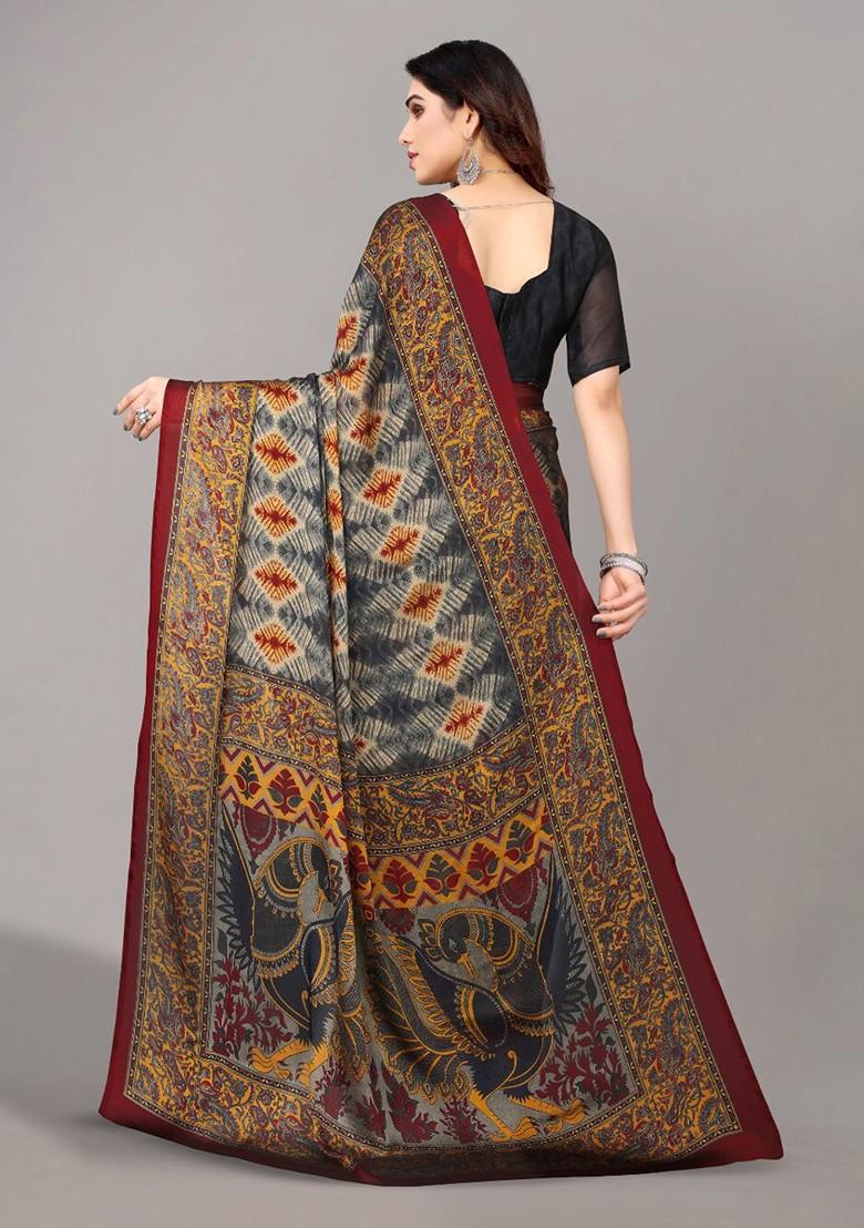 Grey Ethnic Motifs Printed Poly Chiffon Saree Set