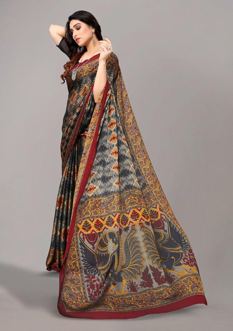 Grey Ethnic Motifs Printed Poly Chiffon Saree Set