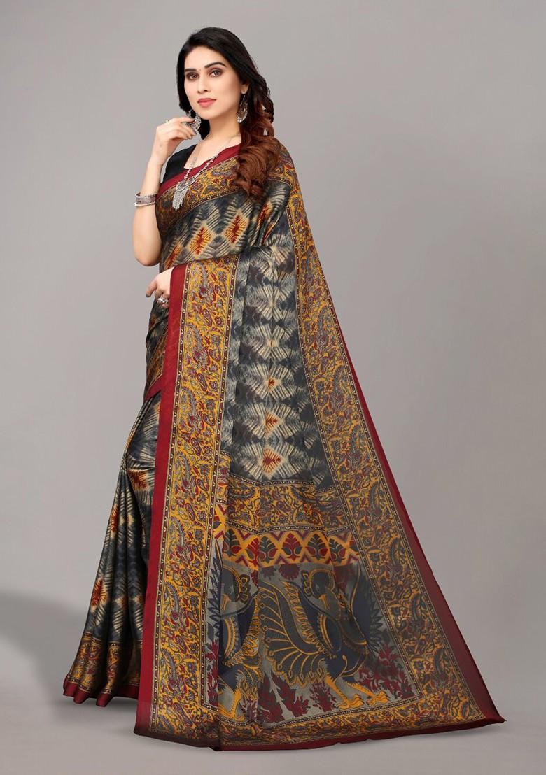Grey Ethnic Motifs Printed Poly Chiffon Saree Set