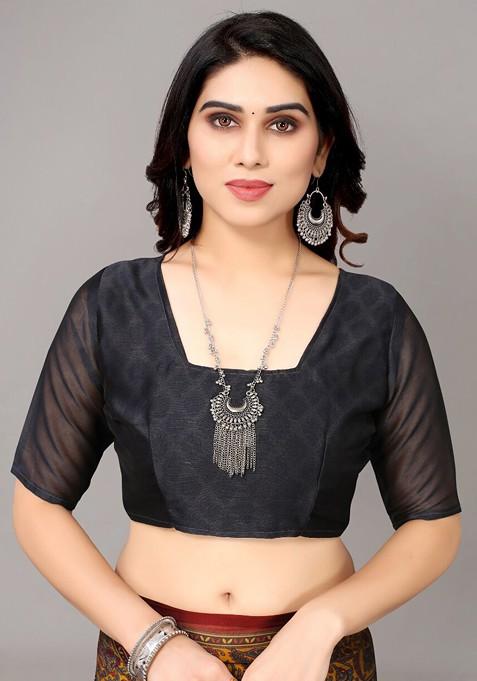 Grey Ethnic Motifs Printed Poly Chiffon Saree Set