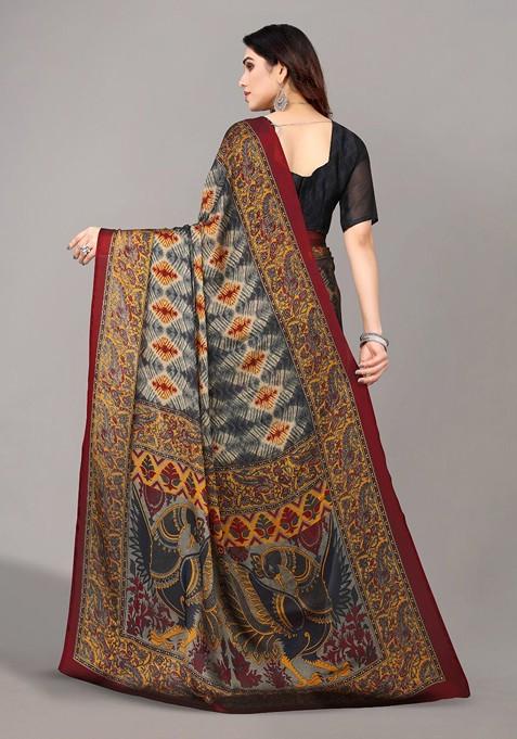 Grey Ethnic Motifs Printed Poly Chiffon Saree Set