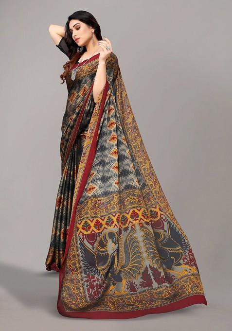 Grey Ethnic Motifs Printed Poly Chiffon Saree Set