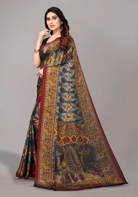 Grey Ethnic Motifs Printed Poly Chiffon Saree Set