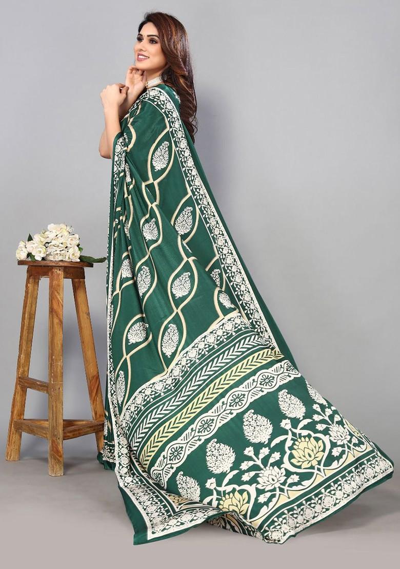 Green Floral Pure Crepe Saree Set