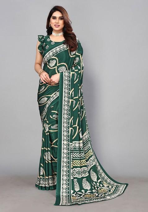 Green Floral Pure Crepe Saree Set