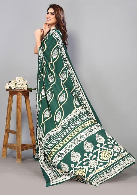 Green Floral Pure Crepe Saree Set