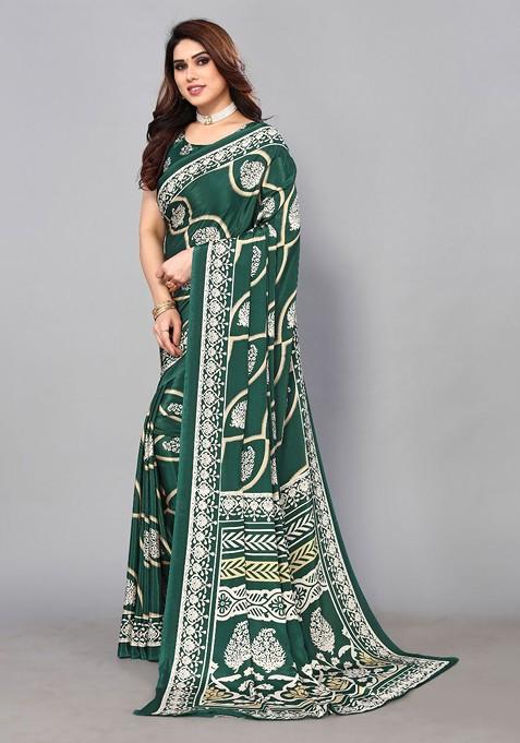 Green Floral Pure Crepe Saree Set