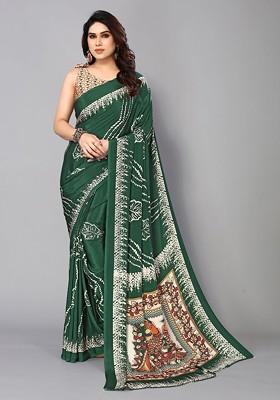 Green Abstract Print Pure Crepe Saree Set