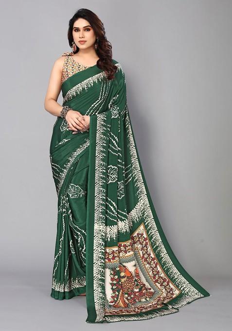 Green Abstract Print Pure Crepe Saree Set