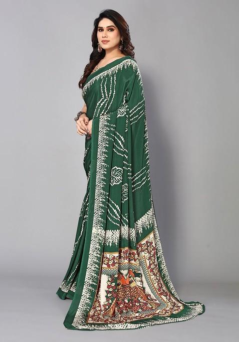 Green Abstract Print Pure Crepe Saree Set