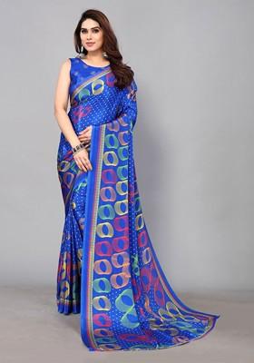 Blue Abstract Print Pure Crepe Saree Set