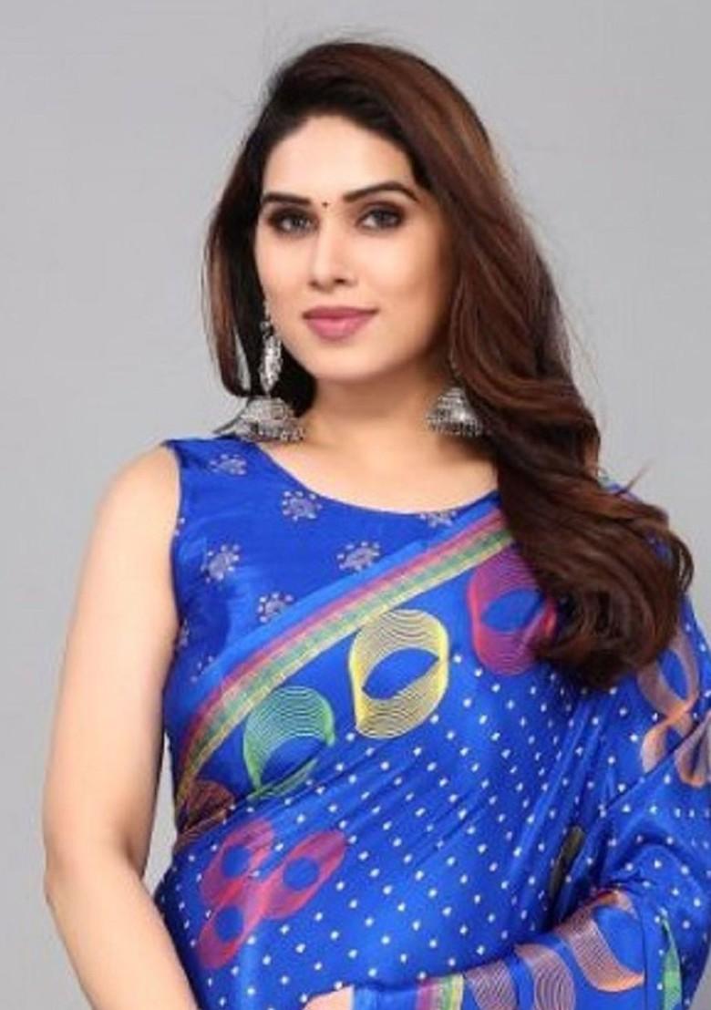 Blue Abstract Print Pure Crepe Saree Set