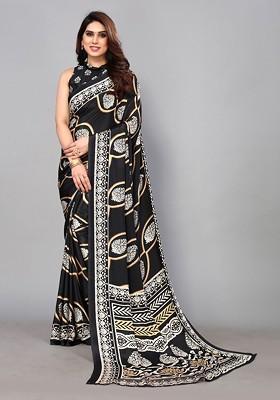 Black Floral Pure Crepe Saree Set