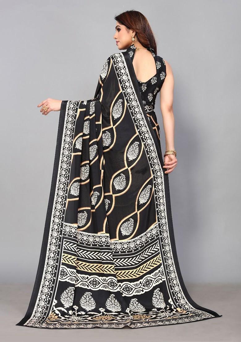 Black Ethnic Motifs Pure Crepe Saree Set