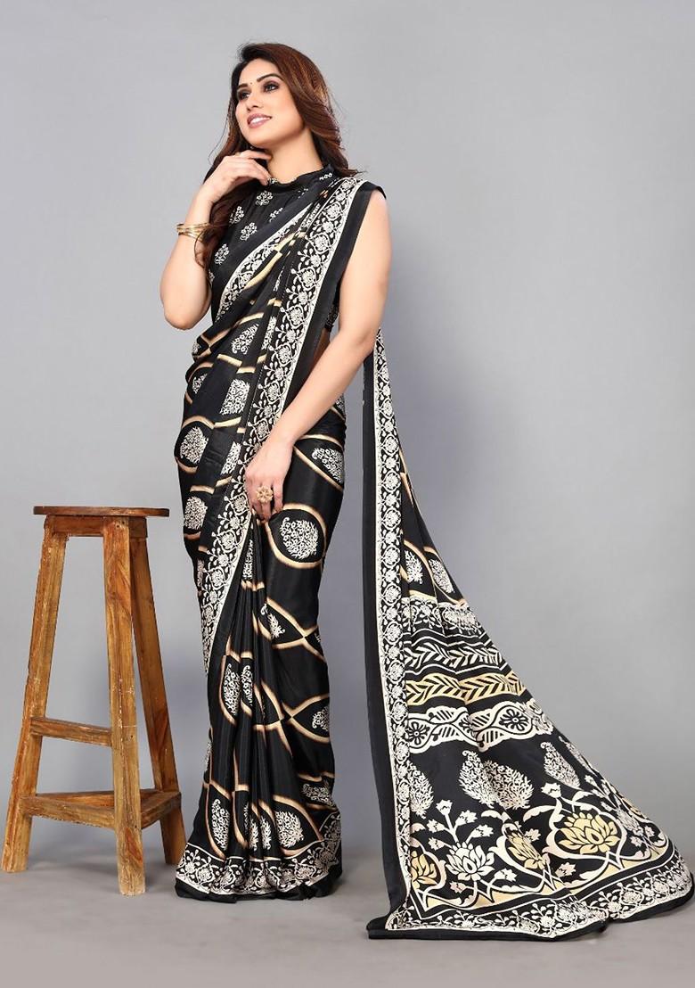 Black Ethnic Motifs Pure Crepe Saree Set