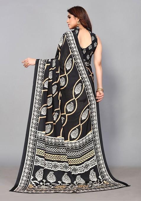 Black Ethnic Motifs Pure Crepe Saree Set