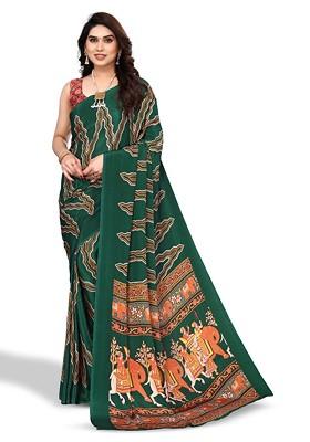 Green Geometric Print Pure Crepe Saree Set
